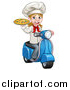 Vector Illustration of a Cartoon Happy White Female Chef Holding a Pizza on a Scooter by AtStockIllustration