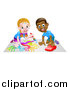 Vector Illustration of a Cartoon Happy White Girl Kneeling and Painting Artwork and Black Boy Playing with a Car by AtStockIllustration