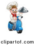 Vector Illustration of a Cartoon Happy White Male Chef, Holding a Cloche on a Delivery Scooter by AtStockIllustration