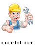 Vector Illustration of a Cartoon Happy White Male Mechanic Holding a Spanner Wrench and Giving a Thumb up by AtStockIllustration