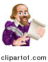 Vector Illustration of a Cartoon Happy William Shakespeare Holding a Scroll and Feather Quill, from Waist up by AtStockIllustration