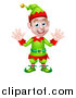 Vector Illustration of a Cartoon Welcoming Young Male Christmas Elf Waving with Both Hands by AtStockIllustration
