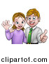 Vector Illustration of a Cartoon Young Caucasian Couple Waving and Giving a Thumb up by AtStockIllustration