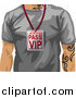 Vector Illustration of a Casual Man with Tattoos, Wearing a Gray T Shirt and a Vip Backstage Pass Around His Neck by AtStockIllustration