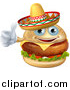 Vector Illustration of a Cheeseburger Mascot Wearing a Mexican Sombrero and Giving a Thumb up by AtStockIllustration