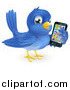 Vector Illustration of a Cute Bluebird Holding a Cellphone with Apps on the Screen by AtStockIllustration