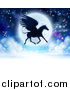 Vector Illustration of a Full Moon and Silhouetted Flying Pegasus by AtStockIllustration