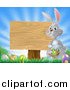 Vector Illustration of a Gray Bunny by a Wood Sign with a Basket, Grass and Easter Eggs by AtStockIllustration