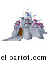Vector Illustration of a Gray Castle with Pink Turrets and Blue Flags by AtStockIllustration
