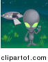 Vector Illustration of a Grey Alien with Green Eyes, Waving Hand While Standing near a UFO by AtStockIllustration