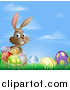 Vector Illustration of a Grinning Easter Bunny with Eggs and a Basket in Grass over Blue Sky by AtStockIllustration