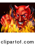 Vector Illustration of a Grinning Red Devil Emerging from Flames and Pointing Outwards by AtStockIllustration