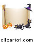 Vector Illustration of a Halloween Scroll Sign with Black Cats Jackolanterns a Broomstick and Witch Hat by AtStockIllustration