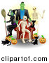 Vector Illustration of a Halloween Witch, Frankenstein, Skeleton, Mummy, Black Cats and Pumpkins at a Party by AtStockIllustration