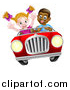 Vector Illustration of a Happy Black Boy Driving a Red Convertible Car and a White Girl Holding Her Arms up in the Passenger Seat As They Catch Air by AtStockIllustration