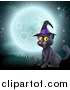 Vector Illustration of a Happy Black Cat Wearing a Witch Hat and Sitting Against a Full Moon by AtStockIllustration
