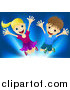 Vector Illustration of a Happy Blond Girl and Brunette Boy Jumping over Blue by AtStockIllustration