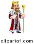 Vector Illustration of a Happy Caucasian King Holding a Staff and Pointing to the Right by AtStockIllustration