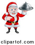 Vector Illustration of a Happy Christmas Santa Claus Chef Holding a Silver Cloche Platter and Pointing by AtStockIllustration