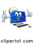 Vector Illustration of a Happy Computer Mascot Wearing a Baseball Cap, Holding a Wrench and Giving a Thumb up by AtStockIllustration