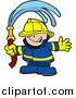 Vector Illustration of a Happy Fireman in a Blue and Yellow Uniform and Hardhat, Waving a Water Hose by AtStockIllustration