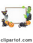 Vector Illustration of a Happy Frankenstein with a Vampire Bat Cats and Halloween Pumpkins Around a White Sign by AtStockIllustration