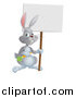 Vector Illustration of a Happy Gray Bunny Rabbit Holding a Carrot and Blank Sign by AtStockIllustration