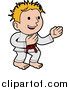 Vector Illustration of a Happy Karate Boy with Blond Hair, Wearing a Red Belt and White Uniform and Standing in a Pose by AtStockIllustration