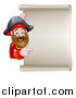 Vector Illustration of a Happy Male Pirate Captain Pointing Around a Blank Scroll Sign by AtStockIllustration