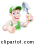 Vector Illustration of a Happy Middle Aged Brunette Caucasian Male Gardener in Green, Giving a Thumb up and Holding a Shovel by AtStockIllustration