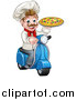 Vector Illustration of a Happy Pizza Delivery Chef Holding up a Pie on a Scooter by AtStockIllustration