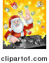 Vector Illustration of a Happy Santa Claus Dj Mixing Christmas Music on a Turntable over a Starburst and Gifts by AtStockIllustration