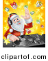 Vector Illustration of a Happy Santa Claus Dj Wearing Headphones and Mixing Christmas Music on a Turntable over a Starburst and Gifts by AtStockIllustration