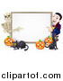 Vector Illustration of a Happy Vampire Skeleton Pumpkins and Black Cat Around a Blank Sign by AtStockIllustration