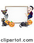 Vector Illustration of a Happy Vampire with a Bat Cats and Halloween Pumpkins Around a White Sign by AtStockIllustration