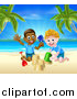 Vector Illustration of a Happy White and Black Boys Playing and Making Sand Castles on a Tropical Beach by AtStockIllustration