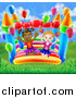 Vector Illustration of a Happy White and Black Girls Jumping on a Bouncy House Castle in a Park by AtStockIllustration