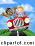 Vector Illustration of a Happy White Girl Driving a Red Convertible Car and a Black Boy Holding His Arms up in the Passenger Seat As They Catch Air by AtStockIllustration