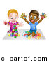 Vector Illustration of a Happy White Girl Playing with Toy Blocks and a Black Boy Hand Painting by AtStockIllustration