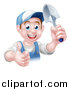 Vector Illustration of a Happy Young Brunette White Male Gardener in Blue, Giving a Thumb up and Holding a Shovel by AtStockIllustration