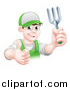 Vector Illustration of a Happy Young Brunette White Male Gardener in Green, Holding up a Garden Fork and Thumb by AtStockIllustration