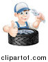 Vector Illustration of a Happy Young Brunette White Mechanic Man Wearing a Baseball Cap, Holding a Wrench and Thumb up over a Tire by AtStockIllustration