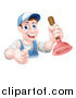 Vector Illustration of a Middle Aged Brunette White Male Plumber Wearing a Baseball Cap, Holding a Thumb up and a Plunger by AtStockIllustration