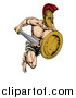 Vector Illustration of a Muscular Gladiator Man in a Helmet Sprinting with a Sword and Golden Shield by AtStockIllustration