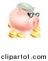 Vector Illustration of a Pension Piggy Bank with Glasses a Green Hat and Gold Coins by AtStockIllustration