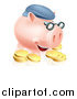 Vector Illustration of a Pension Piggy Bank with Glasses a Hat and Gold Coins by AtStockIllustration