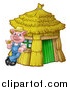 Vector Illustration of a Piggy from the Three Little Pigs Fairy Tale, Leaning Against His Straw House by AtStockIllustration