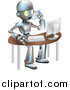 Vector Illustration of a Professional Metallic Robot Character Talking on a Cell Phone and Working on a Computer at an Office Desk by AtStockIllustration