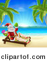 Vector Illustration of a Relaxed Santa Holding a Cocktail and Sun Bathing on a Tropical Beach by AtStockIllustration