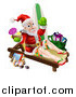 Vector Illustration of a Relaxing Santa Holding a Cocktail and Waving with Vacation Items and a Bag of Gifts by AtStockIllustration